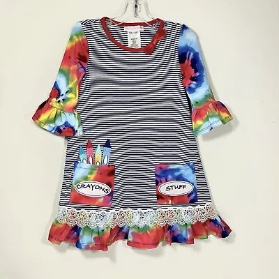 £10.67 • Buy Bonnie Jean Girl's Dress Size 4T Rainbow Tye Dye Ruffles Stripes Crayons Artist