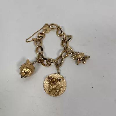 Vintage Monet Gold Tone Poodle Walking Winking Cat And Turtle Charm Bracelet • $85