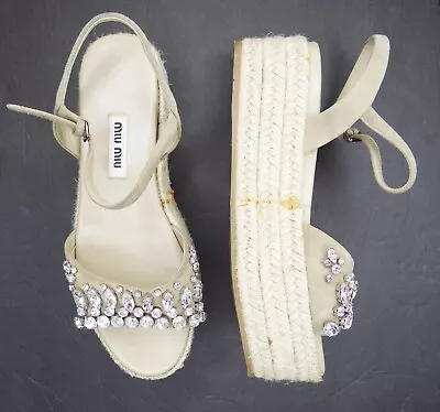 Miu Miu Crystal-Embellished Platform Espadrille Sandals Size 35 • $150