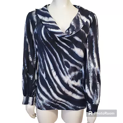 St. John Silk  Blouse  Size 4 Tie Dye Cowl Neck Black Blue White Zebra Animal • $55
