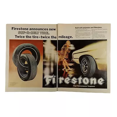 1969 Firestone Vintage 2 Page Print Ad Sup-R-Belt Tire Twice The Mileage • $11.99