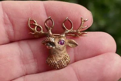 Antique G. Fox Co. Solid 14kt Yellow Gold & Ruby Elk Lapel Pin - 7.0g. • $495