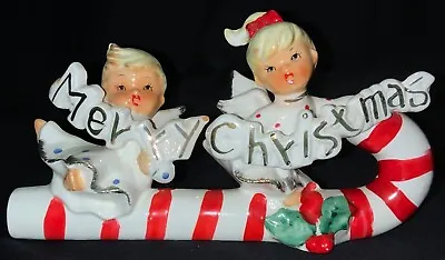 Vintage Ceramic Christmas Figurine - ‘merry Christmas’ Angels On Candy Cane Sled • $375