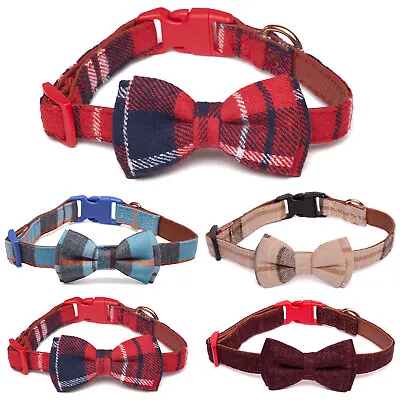 £4.99 • Buy Dog Collar Cotton Tweed Design Leather Pet Collar With Bow Tie Decoration