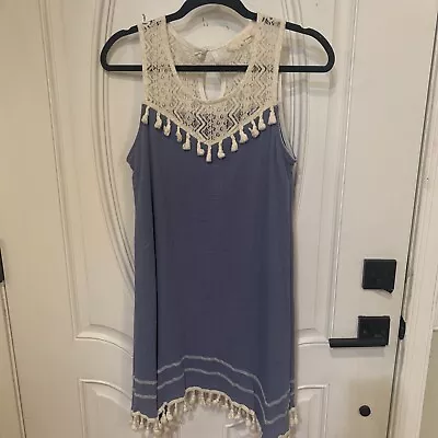 A’reve Blue Small Slip Dress Adjustable Spaghetti Strap Cream Tassel Tiered Lace • $14