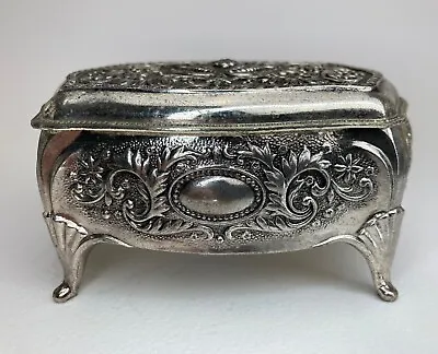 Silver Plate Trinket Box Red Velvet Footed Jewelry Embossed Japan Vintage 1970s • $16