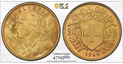 Rare High Grade GOLD 1949-B Switzerland 20 Francs  PCGS MS66 • $650