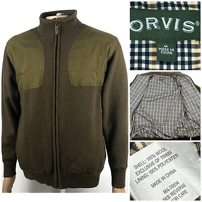 Orvis Knitted Lined 100% Wool Jacket Green Full Zip Hunting Size MEDIUM Mens Vgc • $75