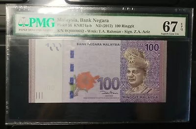 Malaysia Banknote Rm100 Pmg67epq Low Number Bq0000052 Zeti Gabenor • $118