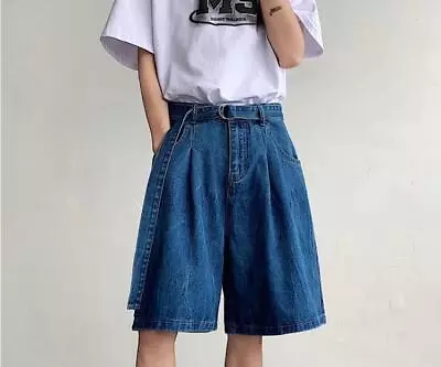 Men's Fashion Summer Casual Loose Denim Short Pants Youth Belt Pleated Shorts • $42.19