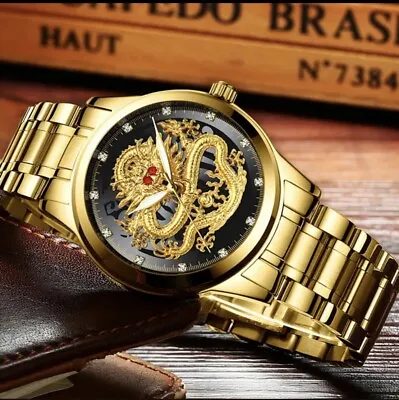 FNGEEN Top Brand Luxury Gold Men Watch Waterproof Dragon Face Full Solid Watch • £48.25