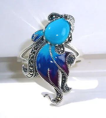 Simulated Turquoise & Marcasite Fish Ghost Ring 925 Sterling Silver Women's • $32.95