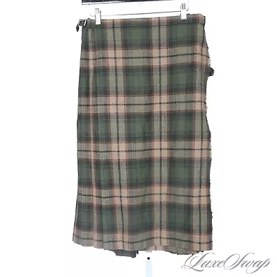 Vintage Aston Made In Great Britain Green Mushroom Tartan Tweed Kilt Skirt 16 NR • $9.99