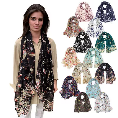 Stylish Long Lightweight Scarves Wraps Shawls Birds Butterflies Floral Prints.  • £4.99