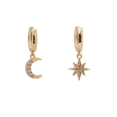 ZARD Huggie Hoop Earrings With Starburst And Crescent Moon Charms In Gold Plate • $16.73