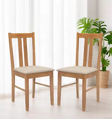 2 X Solid Wood Dining Chairs | Wooden Kitchen Table Seat Pair In Oak Finish • £99.99