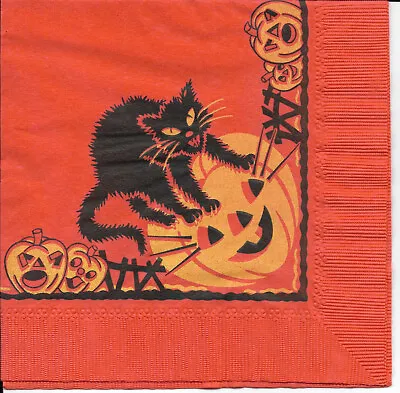 Vintage Paper Halloween Napkin ~ Hissing Black Cat JOL Pumpkin Border • $6