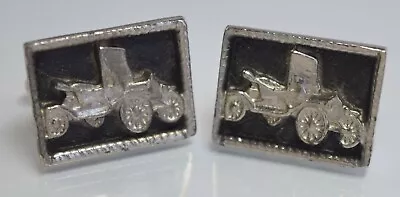 Vintage Antique Model T Cars Silver Tone& Black Enamel Men's Cufflinks Set • $8.99