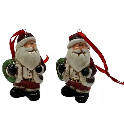 Set Of 2 Ceramic Santa Holding Wreath By Transpac Red Santa Suite Black Boots • $9.74