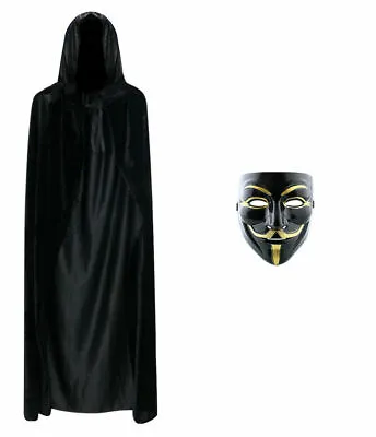Anonymous V For Vendetta Guy Halloween Fancy Dress Face BLACK Mask + Hooded Cape • £7.99