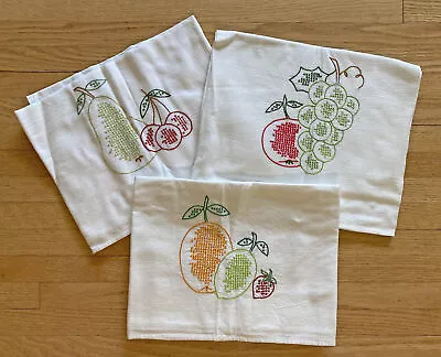3 Vtg Embroidered Flour Sack Dish Towels Cross X Stitch Fruit Cherry Pear EXC • $16