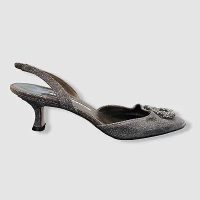 $975 Manolo Blahnik Women's Gray Embellished Metallic Slingback Heel Shoes 38.5 • $273.18