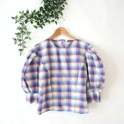 Zara Women's Blue Plaid 3/4 Puff Sleeve Zip Back Cotton Top Size Small • $12.99