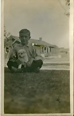 1910's Real Photo Postcard Of Young Boy Outside With Teacup Maltese Dog • $3.99