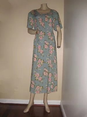 Vintage 80s 90s Erika Mint Green Pink Floral Tie-Back Spring Midi Tea Dress M/L • $14.99
