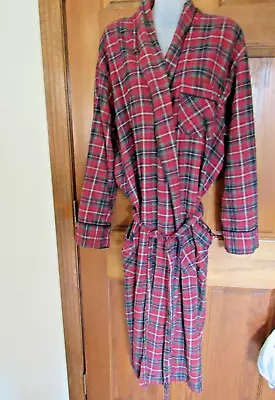 $65 St Johns Bath Robe Tie Maroon Plaid Pockets Cotton Flannel Knee 1 Size 34 52 • $19