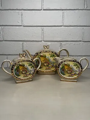 VTG Sadler Crinoline Lady Country Cottage Barrel Teapot Sugar Bowl Creamer Set • $299.95