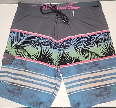 Maui And Sons Board Shorts Men's  Palm Blue Shark 4 Way Stretch Trunks 34/36  • $14.99