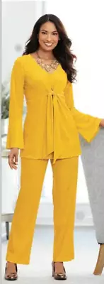 2X PLUS Monroe And Main Yellow Summer Velvet V-Neck Tunic Pull On Pant Suit Set • $31.99