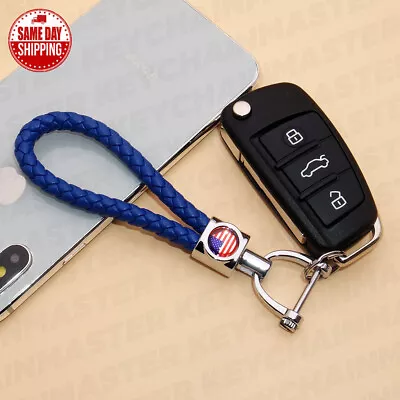 Blue Weave Calf Leather USA America U.S. Flag Logo Car Home Key Chain Ring Gift • $12.99