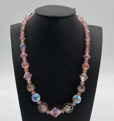 Vintage 1950’s Pink Aurora Borealis Ab Crystal Glass Bead Caged Stones Necklace • $29.99