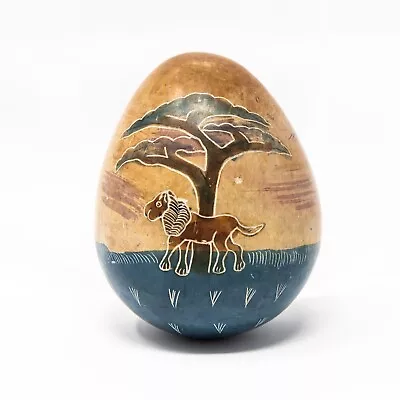 Vintage Hand Carved Soapstone Egg Ornament Etched & Painted African Lion • $22.08