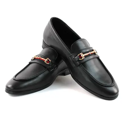 Men's Black Leather Slip On Gold Buckle Dress Shoes Loafers Formal By AZARMAN • $44.95