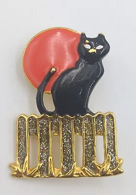 Vintage Halloween Brooch Pin Black Cat Glitter Fence Orange Moon Goldtone Metal • $9.99