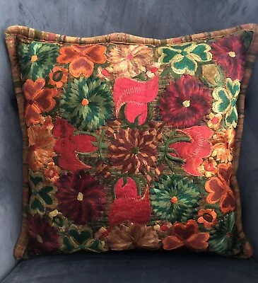 Vintage Embroidered Pillow 4-Leaf Clovers Flowers Feather Insert • $29