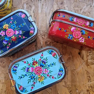 Bnwt Hand Painted Metal 2 Tier Kashmiri Tiffin Tin/ Bento Box Lunch Box Indian • £35