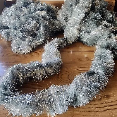 Christmas Tinsel Garland Vintage Aluminum SILVER 2 Pieces About 30 Feet Total • $34.99