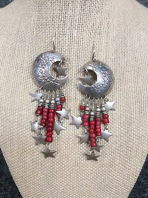 Beautiful Vtg. Tabra Sterling Silver 925 Moon Star Red Glass Wire  Earrings • $349.99