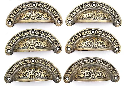 $34.95 • Buy 6 Antique Vtg. Style Victorian Brass Apothecary Bin Pulls Handles 3 Cntr  #A5
