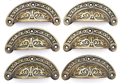 6 Antique Vtg. Style Victorian Brass Apothecary Bin Pulls Handles 3 Cntr  #A5 • $46.95