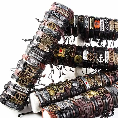 Wholesale Lots 30pcs Mixed Styles Vintage Biker Leather Cuff Bracelets Jewelry • $17.09