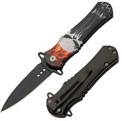 Skull Linerlock A/O Flame Folding Knife 3.5  Stainless Steel Blade ABS Handle • $12.19