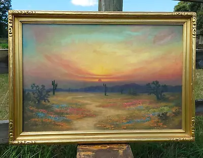 OLD Southwest Desert Sunset Floral Cactus Turquoise Sky Painting SIGNED Daniels • $950