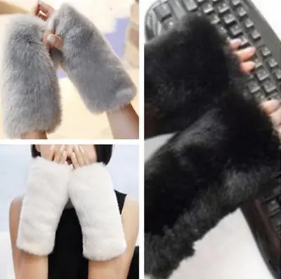 Warm Ladies Half Finger Faux Fur Fingerless Gloves Arm Cuffs Wristbands Mitten • $9.33