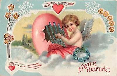 Angel Playing Harp Made From Pink Egg On 1909 Easter Postcard - O.24 • $2.99