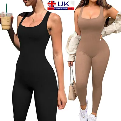 Womens Ribbed Jumpsuit Ladies Double Strap All In One Cami Romper Skinny Unitard • £15.99